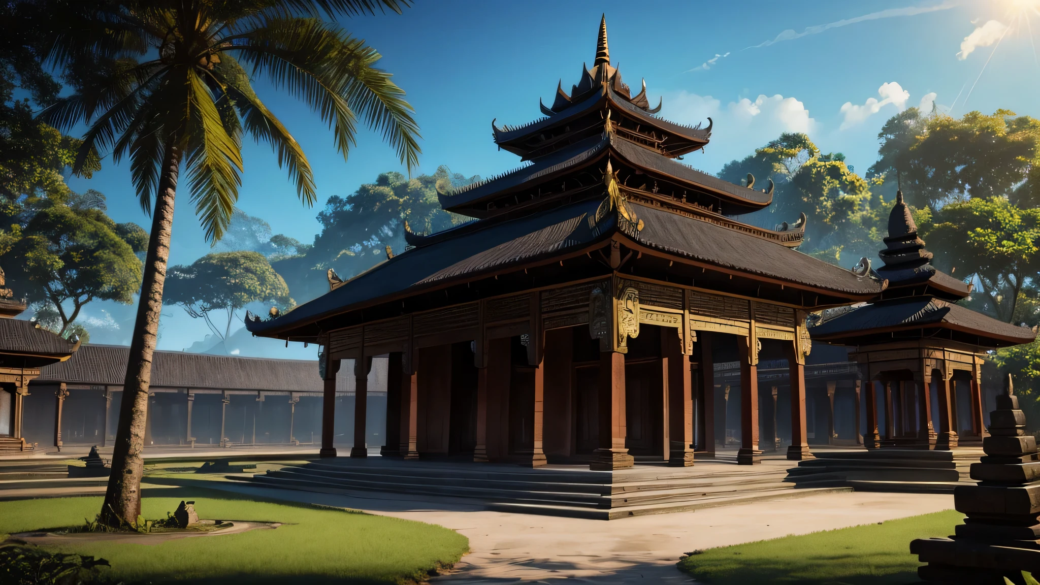 fantasy art, ancient Indonesian royal palace, Hindu temple style, gothic, mysterious afternoon sun, surrounded by tropical forests, realistic