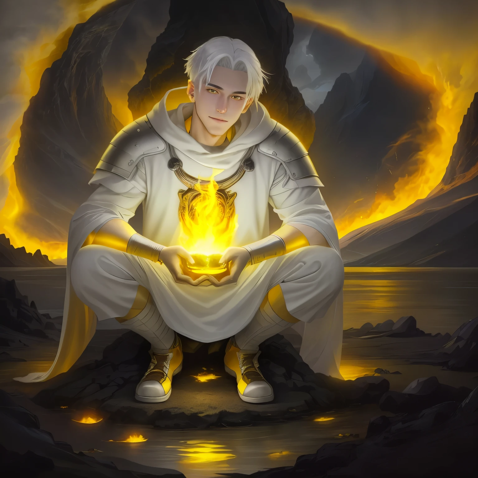 Photo of a guy with white hair and yellow eyes, High detail, Clarity, 8 cc, young guy, 18 years, light gray hair, short haircut, Yellow eyes, grin, fire crown, lava is everywhere, A huge cave, guy kneeling near the lake, realism, fantasy,