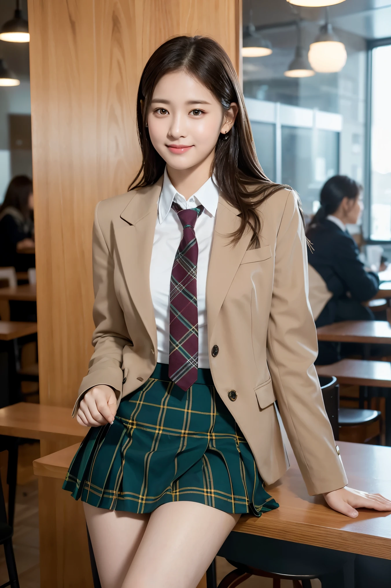 (8K), (highest quality: 1.2), (realistic), (realistic: 1.37), ultra high resolution, 1 girl, cute, smile, closed mouth, beautiful details, beautiful nose, wet hair, giant dulcefo, pork, thighs,Self snap,University Student Uniform,Being in a café,View through the glass from outside the store,(A simple dark beige blazer),pleated skirt,(The pattern of the skirt and tie is a tartan check pattern..:1.3),cross your legs, From above,thighs