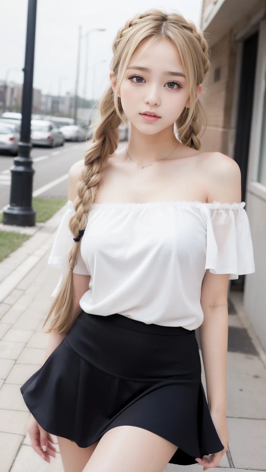 sexy big breasts、Sexy cute looks and cute 15 year old beautiful girl, Beautiful and sexy face、The strong wind blows the hair in front of my face、Blonde French braids with cute and sexy eyes hidden by long bangs、Off-the-shoulder t-shirt、Tulle miniskirt