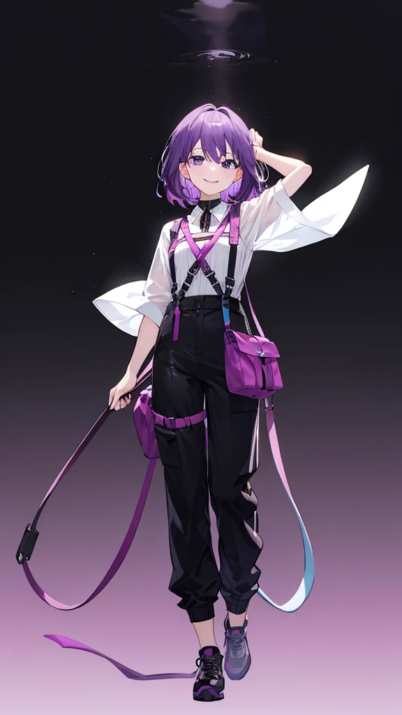 purple hair girl,medium hair,Harness,pants,simple background,smile,whole body,full body,full body,arm to the side,Standing picture,vtuber,front,from front,Viewer's perspective,視線をfrontに,