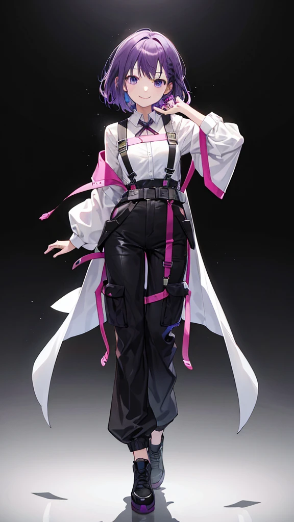 purple hair girl,medium hair,Harness,pants,simple background,smile,whole body,full body,full body,arm to the side,Standing picture,vtuber,front,from front,Viewer's perspective,視線をfrontに,