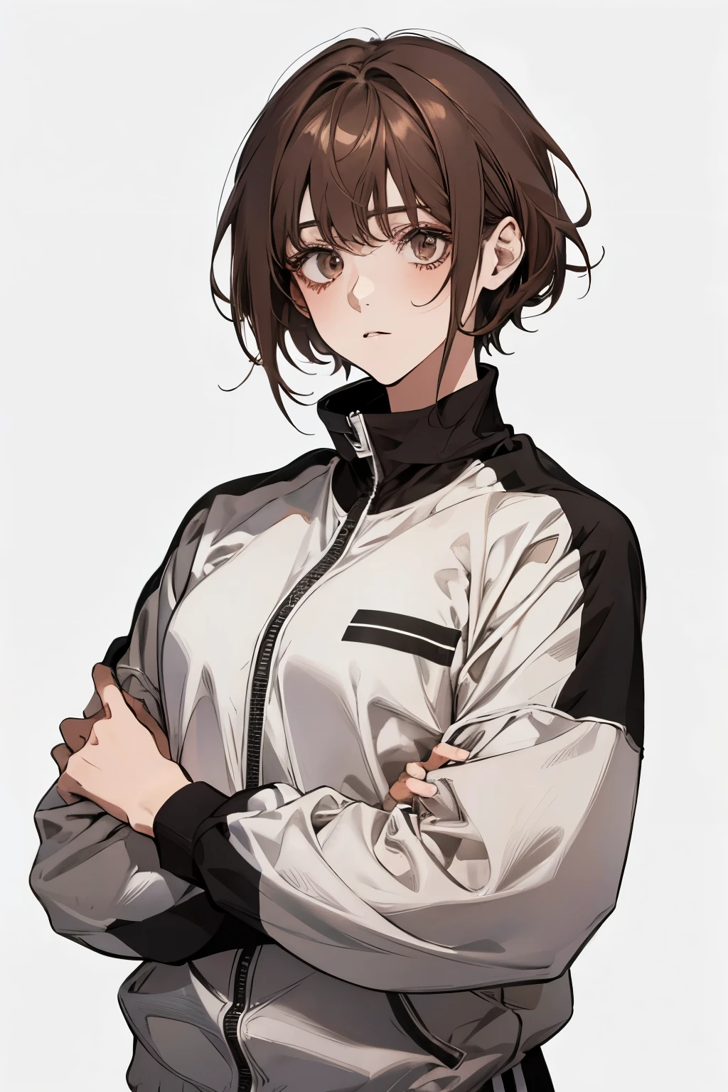 1 female tomboy with slightly tanned skin, short messy dark brown hair, bright burgandy brown eyes, perfect, curvy and toned body, beautiful, soft hands, smooth skin, perfect teeth. Wearing black sweater, grey sweatpants, white shoes. Close up, portrait, plain white background.