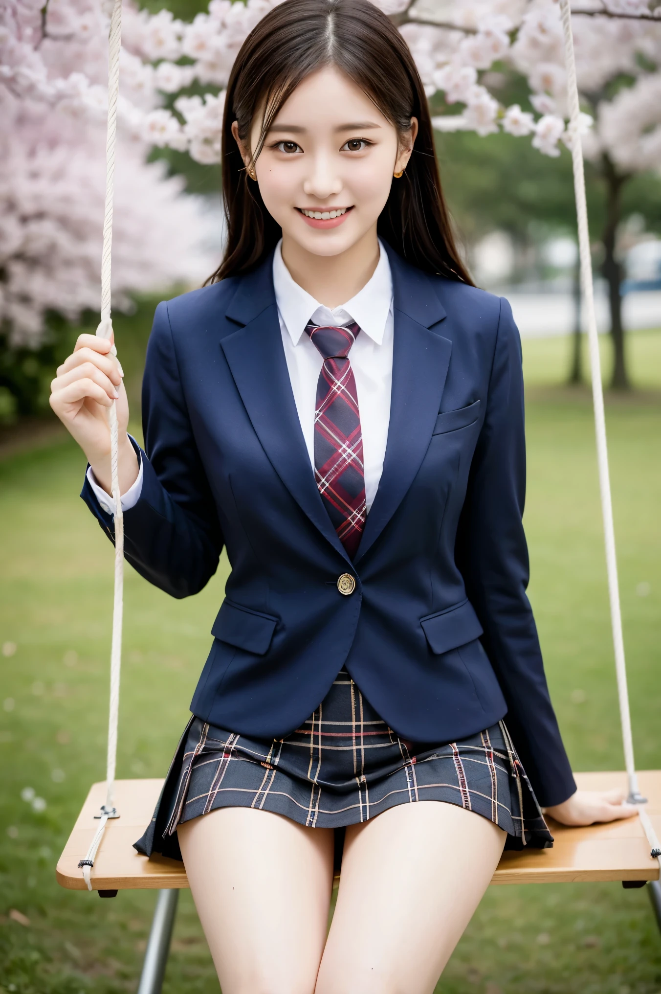 (8K), (highest quality: 1.2), (realistic), (realistic: 1.37), ultra high resolution, 1 girl, cute, smile, closed mouth, beautiful details, beautiful nose, wet hair, giant dulcefo, pork, thighs,self snap,University Student Uniform,Cherry Blossom Park,ride on a swing,simple blazer,pleated skirt,(The pattern of the skirt and tie is a tartan check pattern...:1.3),cross your legs, From above,thighs