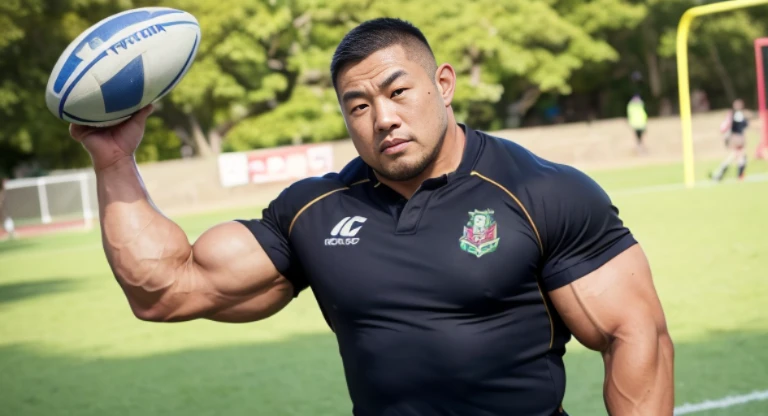 (rugby uniform:1.4), (at playground:1.4), Japanese man, Chinese man, Korean man, Taiwanese man, manly face, fat face, (round face:1.4), (monolid eyes:1.2), (buzz cut:1.4), very large and strong body, bulky body, beefy muscles, (bulging muscles:1.4), (very large pectoral muscles:1.4), (muscular arms:1.4), muscular abs, muscular legs, muscular back, brightens oily skin, master piece, (realistic:1.4), panorama, distant view