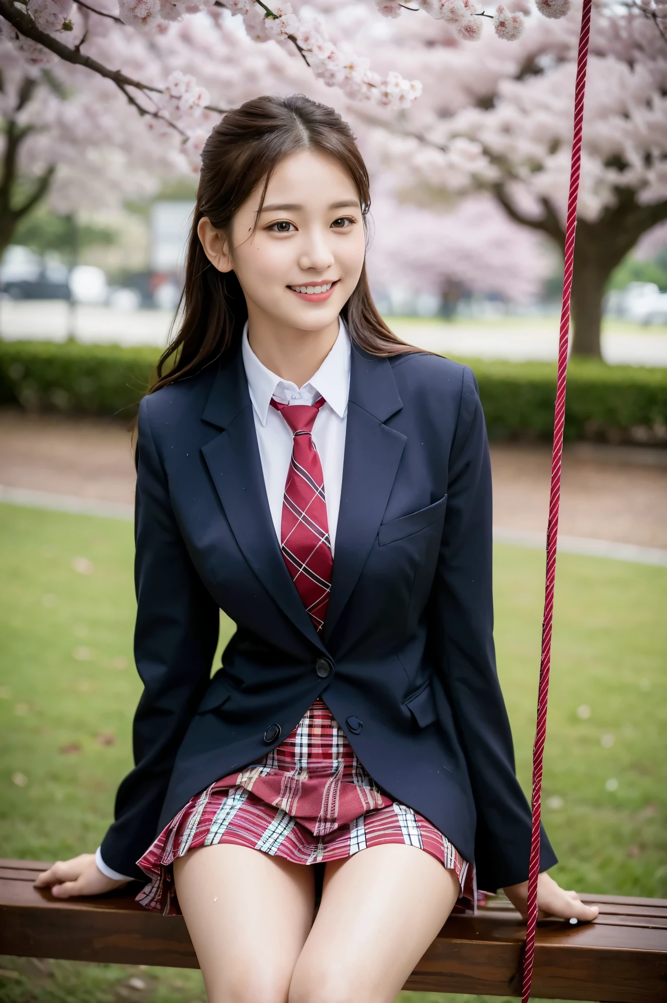 (8K), (highest quality: 1.2), (realistic), (realistic: 1.37), ultra high resolution, 1 girl, cute, smile, closed mouth, beautiful details, beautiful nose, wet hair, giant dulcefo, pork, thighs,self snap,University Student Uniform,Cherry Blossom Park,ride on a swing,A simple light brown blazer,wine red pleated skirt,Wine red tie,(The pattern of the skirt and tie is a tartan check pattern...:1.3),(From the side:1),thighs