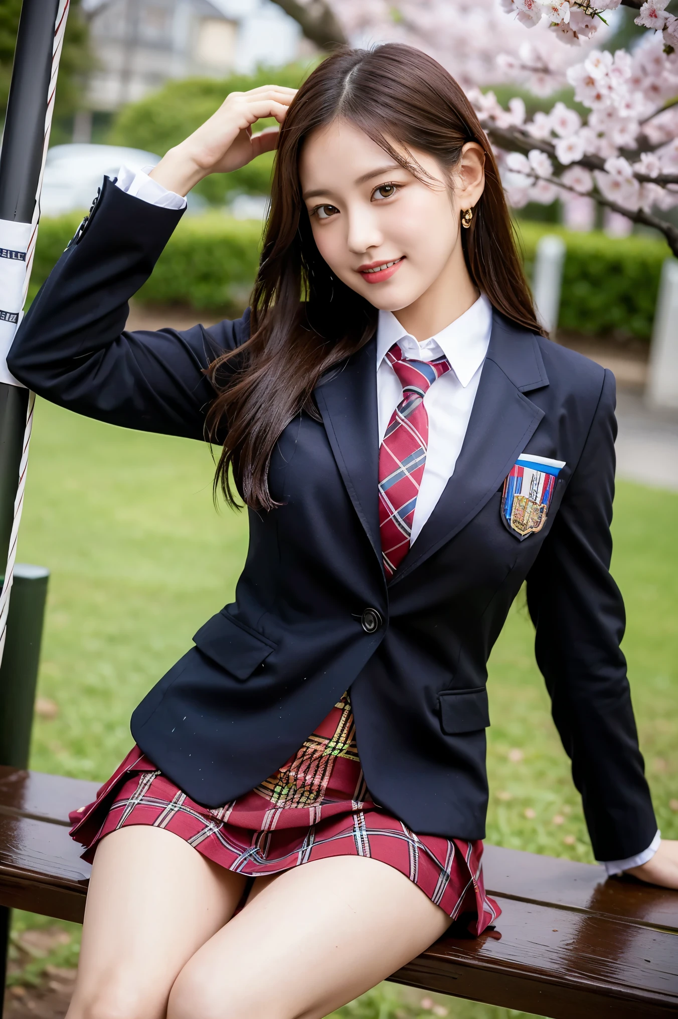 (8K), (highest quality: 1.2), (realistic), (realistic: 1.37), ultra high resolution, 1 girl, cute, smile, closed mouth, beautiful details, beautiful nose, wet hair, giant dulcefo, pork, thighs,self snap,University Student Uniform,Cherry Blossom Park,ride on a swing,A simple light brown blazer,wine red pleated skirt,Wine red tie,(The pattern of the skirt and tie is a tartan check pattern...:1.3),(From the side:1),thighs