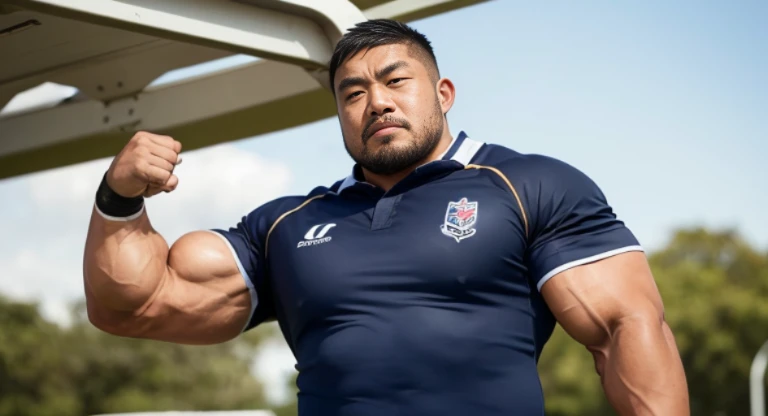 (rugby uniform:1.4), (at playground:1.4), Japanese man, Chinese man, Korean man, Taiwanese man, manly face, fat face, (round face:1.4), (monolid eyes:1.2), (buzz cut:1.4), very large and strong body, bulky body, beefy muscles, (bulging muscles:1.4), (very large pectoral muscles:1.4), (muscular arms:1.4), muscular abs, muscular legs, muscular back, brightens oily skin, master piece, (realistic:1.4), panorama, distant view