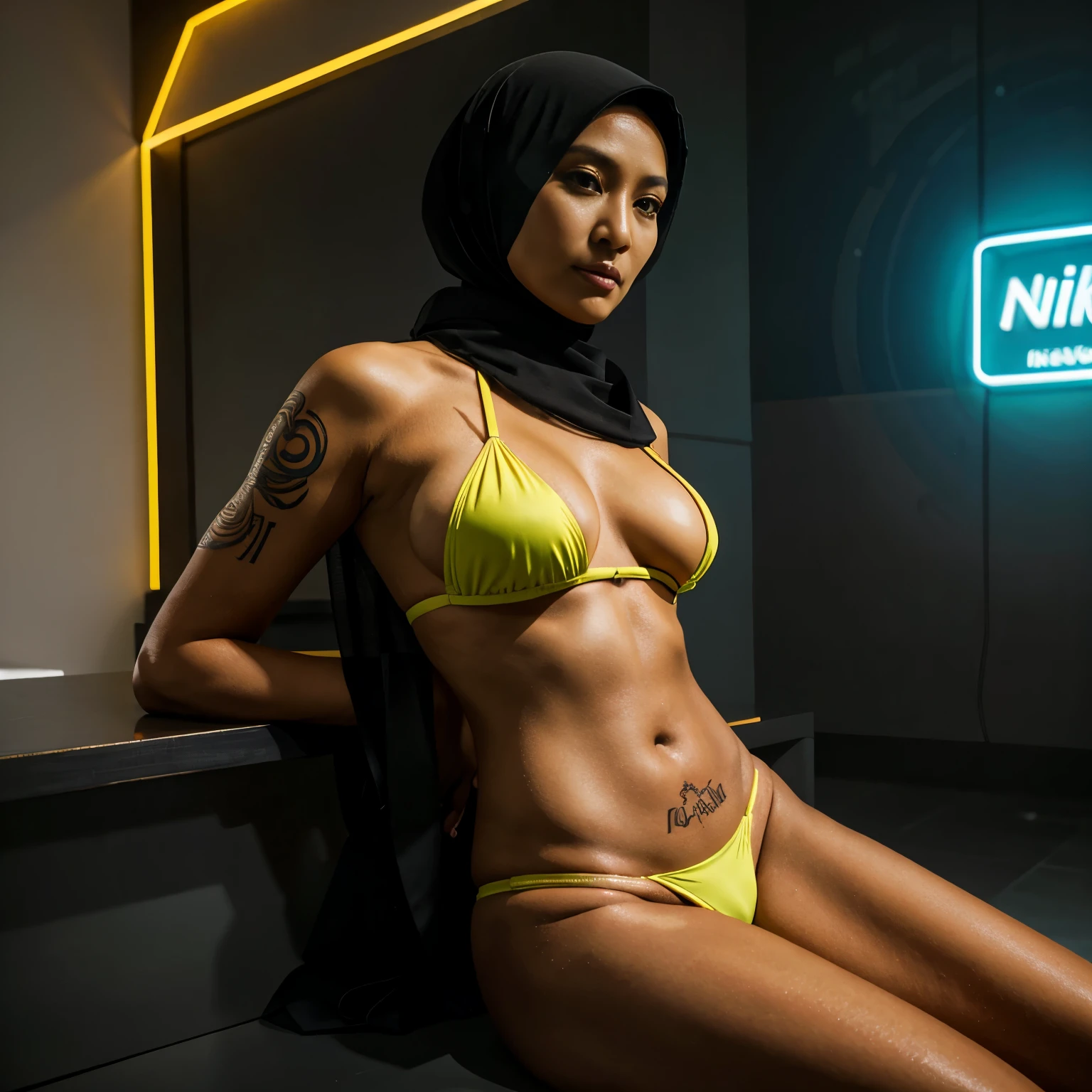 56 Years Old, Beautiful Hijab Indonesian Mature woman, cyberpunk bikini style, neon color bikini, Droopiest Saggy Large Mature : 99.9, Sport Bra, Full tattoos body, lewd body, at Hallroom, Nikon D7000, K HDR Photo
