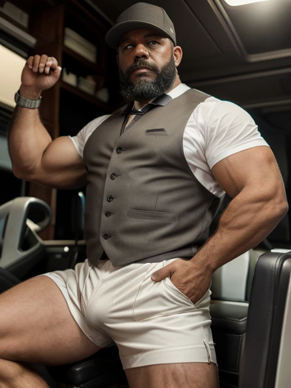 A portrait full body photograph only jockstrap, long white socks, lot of bdsm gears, leather collar, harness, two Atractive mid age heavy trucker-drivers, medium hair shaved sides, Strong, muscular, hairy big belly bodybuilder, jockstrap showing very hairy groin area, large bulge, epic realistic, photo, faded, neutral colors, ((((hdr)))), muted colors, intricate scene, artstation, intricate details, vignette