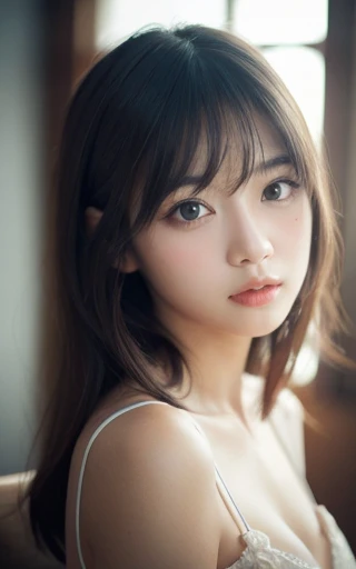 table top, highest quality, 8K, 1 girl, 20th generation, mouth is slightly open, stunned look, close, close up of face, alone, cute, girly, delicate girl, pure beauty, Raw photo, professional photography, portrait, soft light, professional lighting, Backlight, look forward to your eyes, Sophisticated, film grain, medium length floating hair, beautiful flowing hair, whole body,small breasts,random hair color,