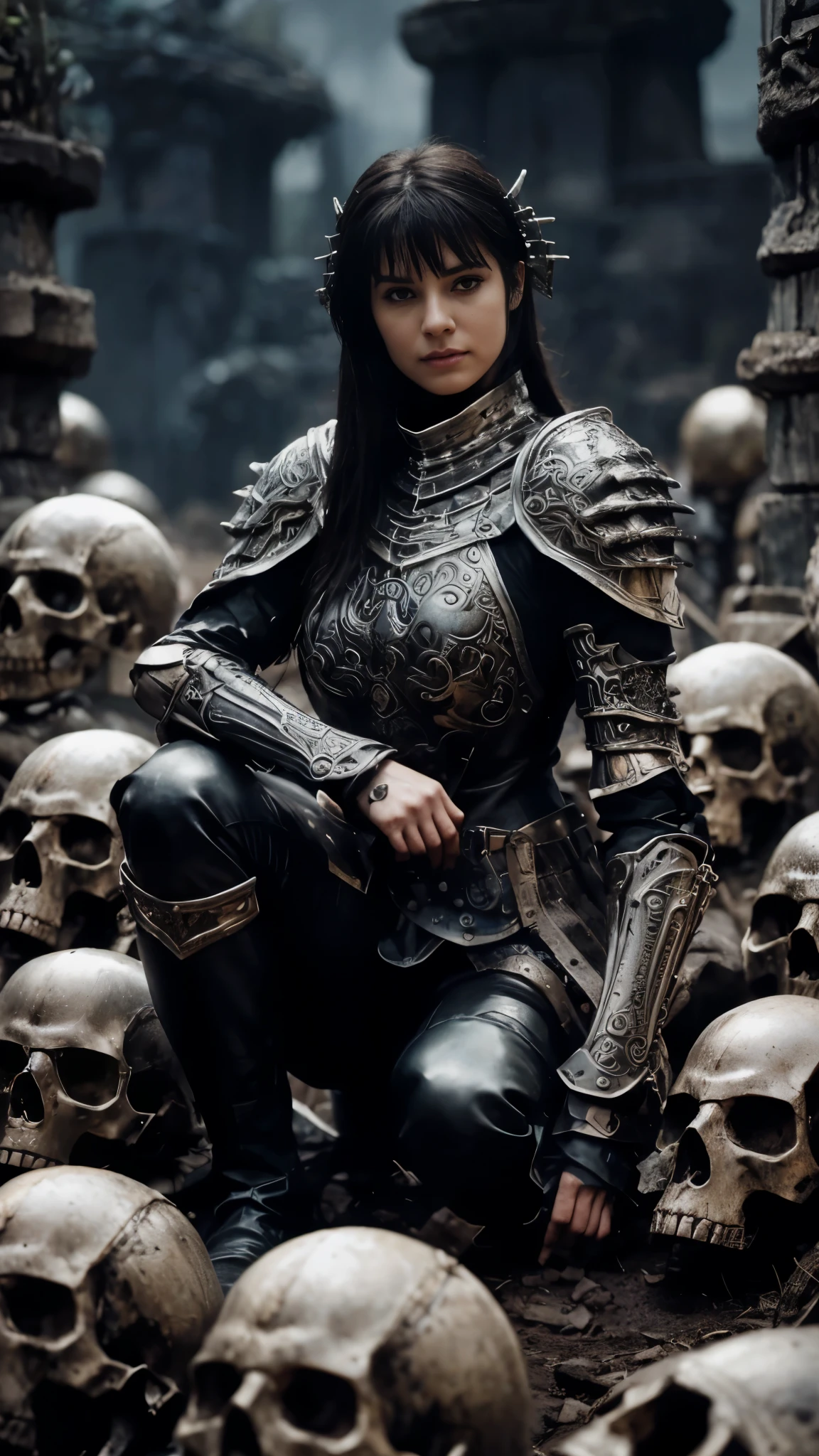 a woman in armor kneeling on a pile of skulls, wearing Armadura de hueso, beautiful guerrera, fantasy warrior in full armor, wearing fantasy armor, gothic armor, impresionante armadura, dark fantasy style, Armadura de hueso, Guerrero oscuro, fantasy warrior, con una armadura oscura, Uso de armadura de cuero con huesos, very stylish fantasy armor., guerrera, Mujer guerrera vampiro, hermosa armadura