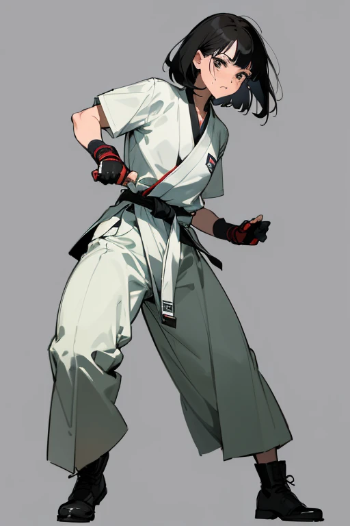 anime picture、Full-body portrait without background、A female martial artist around 30 years old, about 175cm tall.、He is wearing a judo uniform and a black belt around his waist.、Very short black hair with long bangs、flat chest、A face that looks like it's about to cry、gloves、sports boots