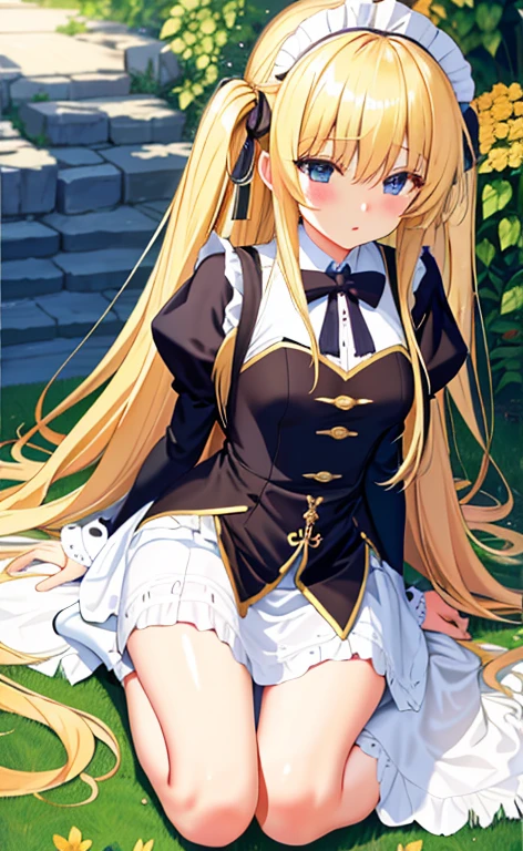 beautiful long blonde hair　open your legs　open your legs　Shyness　　Watery eye　night garden　　Tears overflow from my eyes　small tits　maid　lift up skirt　fullbody　Low - Angle　