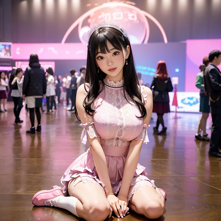 best quality, masterpiece, lifelike, 1 girl, alone, eternal, black hair, Long curly hair, blunt bangs, Smile, pink skirt, pink lolita dress, layered skirt, Lolita style long skirt,分層連衣裙 lace-trimmed 裙子, decorate, lace, long sleeve, puff sleeves, wide sleeves, Transparent sleeves, hair accessories, 在flower园里, flower, Detailed background,  delicate face，pink blush，white及膝襪, Pink shoes，cold，Lots of lace，((​masterpiece))、(top quality)、8K、high detail、super detailed、 21 years old female，穿着pink lolita dress((dreamy atmosphere:1.1))、Seductive and whimsical style、​masterpiece、born、Scenes resembling fairy tale illustrations、intricate details展示了洛丽塔礼服的荷叶边和复杂的设计、capricious、 beautifully、Dream aesthetics、「𝓡𝓸𝓶𝓪𝓷𝓽𝓲𝓬、ethereal、charming、fickle、magic」、realism、Visual effect、FXAA、SSAO、shader、voiceless、ambient lighting、Tone mapping、High resolution、ultra high definition、megapixel、(8K resolution:1.10)、8K、8K resolution、high detail、intricate details、 (high quality:1.2、​masterpiece:1.2、:1.21)、(21 years old female:1.21)、(興奮地Smile)、(Surrounded by the dreamy atmosphere of an amusement par色洛丽塔连衣裙、Her eyes were full of surprise and joy、I took a lot of geek photos、High heel、Model diagram，full-body shot，Knee-high white的 lace socks,Sweet Lolita，Normal 2 feet，Pink shoes，Baotou shoes，full-body shot，不要exposed你的手指，Emphasize the volume of the skirt，exposed，huge breasts，white,The skirt flew up，spread your legs，low cut，exposed，hair accessories，big skirt dress，If you shoot at an angle you can see my panties，standing