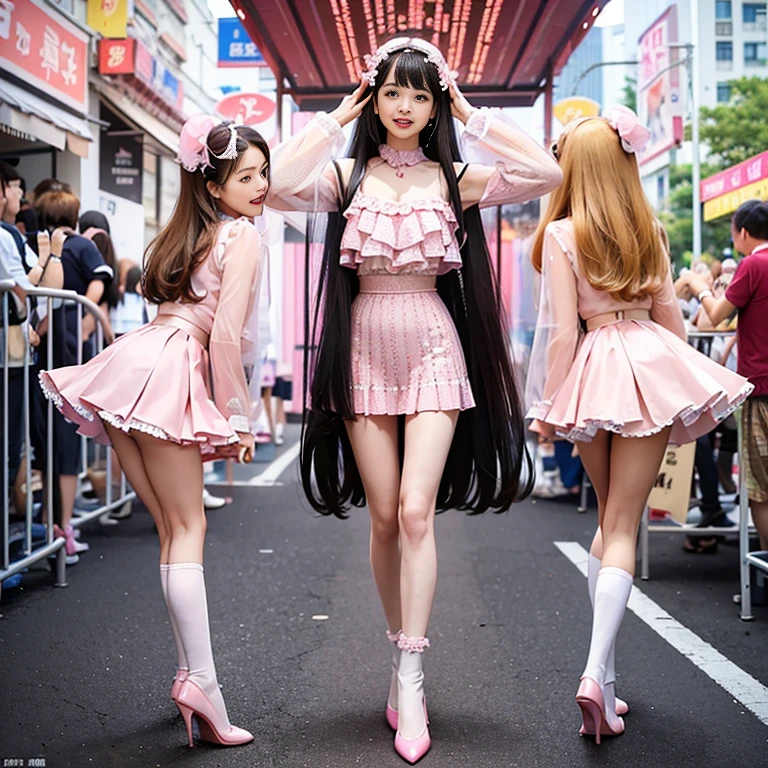best quality, masterpiece, lifelike, 1 girl, alone, eternal, black hair, Long curly hair, blunt bangs, Smile, pink skirt, pink lolita dress, layered skirt, Lolita style long skirt,分層連衣裙 lace-trimmed 裙子, decorate, lace, long sleeve, puff sleeves, wide sleeves, Transparent sleeves, hair accessories, 在flower园里, flower, Detailed background, delicate face,pink blush,white及膝襪, Pink shoes,cold,Lots of lace,((masterpiece))、(top quality)、8K、high detail、super detailed、 21 years old female,穿着pink lolita dress((dreamy atmosphere:1.1))、Seductive and whimsical style、masterpiece、born、Scenes resembling fairy tale illustrations、intricate details展示了洛丽塔礼服的荷叶边和复杂的设计、capricious、 beautifully、Dream aesthetics、「𝓡𝓸𝓶𝓪𝓷𝓽𝓲𝓬、ethereal、charming、fickle、magic」、realism、Visual effect、FXAA、SSAO、shader、voiceless、ambient lighting、Tone mapping、High resolution、ultra high definition、megapixel、(8K resolution:1.10)、8K、8K resolution、high detail、intricate details、 (high quality:1.2、masterpiece:1.2、:1.21)、(21 years old female:1.21)、(興奮地Smile)、(Surrounded by the dreamy atmosphere of an amusement par色洛丽塔连衣裙、Her eyes were full of surprise and joy、I took a lot of geek photos、High heel、Model diagram,full-body shot,Knee-high white的 lace socks,Sweet Lolita,Normal 2 feet,Pink shoes,Baotou shoes,full-body shot,不要exposed你的手指,Emphasize the volume of the skirt,exposed,huge breasts,white,The skirt flew up,spread your legs,low cut,exposed,hair accessories,big skirt dress,If you shoot at an angle you can see my panties,standing
