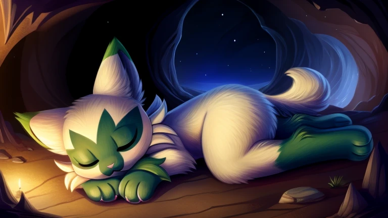 Floragato, furry pokemon, cat, feet, Only, (Body fur:1.2), (Best quality), (Detailed fluffy fur:1.1), Animal hands, tail, shiny, female, solo, cave background, nigth, lying down, asleep, petting