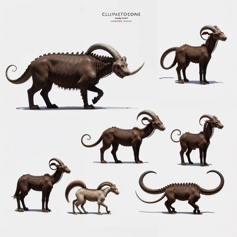 ((masterpiece)),(((best quality))),(character design sheet, same character, front, side, back), illustration, quadruped with Xoloitzcuintle and Komodo dragon features and long ram-like horns and a skeletal spines (simple background, white background: 1.3)