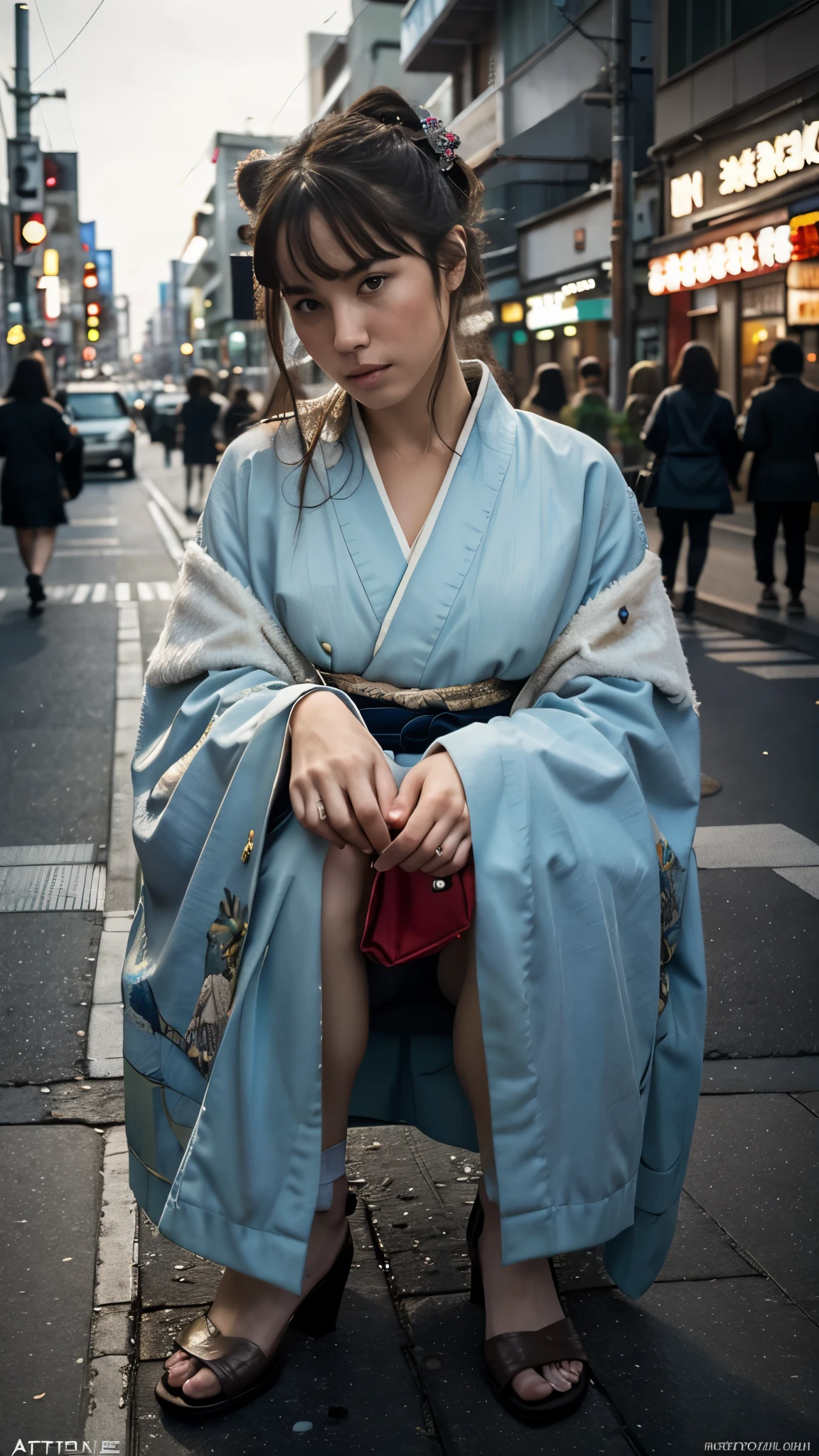 TWbabeXL01, NSFW, photography in the style of detailed hyperrealism,cinematic composition,sky,dof,perfectly focused, Peter Doig,Nan Goldin,fantasy, creature in a kimono sits in the middle of the street,Tokyo,close up, hyper detailed,intricate,poster,artstation,