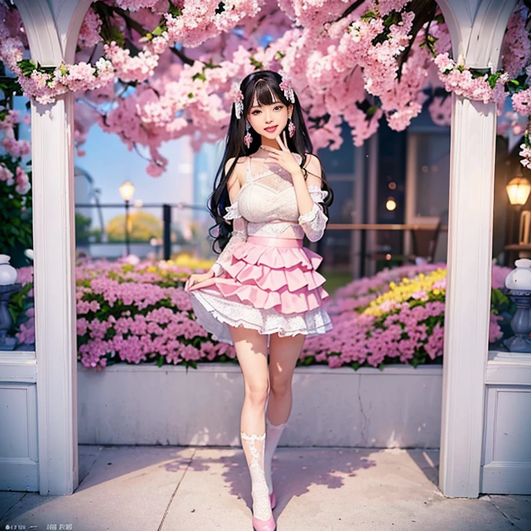 best quality, masterpiece, lifelike, 1 girl, alone, eternal, black hair, Long curly hair, blunt bangs, Smile, pink skirt, pink lolita dress, layered skirt, Lolita style long skirt,分層連衣裙 lace-trimmed 裙子, decorate, lace, long sleeve, puff sleeves, wide sleeves, Transparent sleeves, hair accessories, 在flower园里, flower, Detailed background,  delicate face，pink blush，white及膝襪, Pink shoes，cold，Lots of lace，((​masterpiece))、(top quality)、8K、high detail、super detailed、 21 years old female，穿着pink lolita dress((dreamy atmosphere:1.1))、Seductive and whimsical style、​masterpiece、born、Scenes resembling fairy tale illustrations、intricate details展示了洛丽塔礼服的荷叶边和复杂的设计、capricious、 beautifully、Dream aesthetics、「𝓡𝓸𝓶𝓪𝓷𝓽𝓲𝓬、ethereal、charming、fickle、magic」、realism、Visual effect、FXAA、SSAO、shader、voiceless、ambient lighting、Tone mapping、High resolution、ultra high definition、megapixel、(8K resolution:1.10)、8K、8K resolution、high detail、intricate details、 (high quality:1.2、​masterpiece:1.2、:1.21)、(21 years old female:1.21)、(興奮地Smile)、(Surrounded by the dreamy atmosphere of an amusement par色洛丽塔连衣裙、Her eyes were full of surprise and joy、I took a lot of geek photos、High heel、Model diagram，full-body shot，Knee-high white的 lace socks,Sweet Lolita，Normal 2 feet，Pink shoes，Baotou shoes，full-body shot，不要exposed你的手指，Emphasize the volume of the skirt，exposed，huge breasts，white,The skirt flew up，spread your legs，low cut，exposed，hair accessories，big skirt dress，If you shoot at an angle you can see my panties，standing