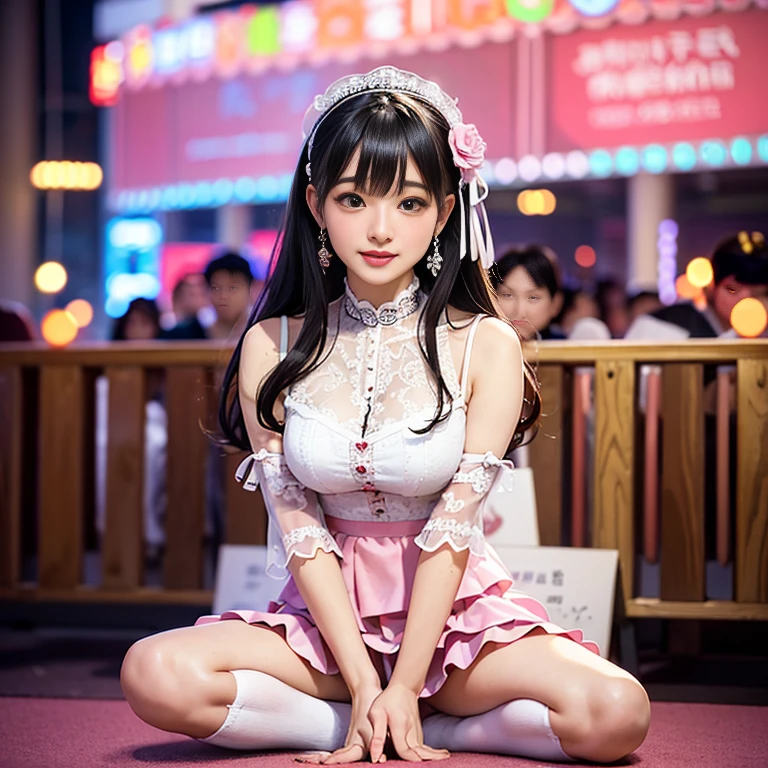 best quality, masterpiece, lifelike, 1 girl, alone, eternal, black hair, Long curly hair, blunt bangs, Smile, pink skirt, pink ta dress, layered skirt, Lolityle long skirt,分層連衣裙 lace-trimmed 裙子, decorate, lace, long sleeve, puff sleeves, wide sleeves, Transparent sleeves, hair accessories, 在flower园里, flower, Detailed background, delicate face,pink blush,white及膝襪, Pink shoes,cold,Lots of lace,((masterpiece))、(top quality)、8K、high detail、super detailed、 21 years old female,穿着pink lolita d((dreamy atmosphere:1.1))、Seductive and whimsical style、masterpiece、born、Scenes resembling fairy tale illustrations、intricate details展示了洛丽塔礼服的荷叶边和复杂的设计、capricious、 beautifully、Dream aesthetics、「𝓡𝓸𝓶𝓪𝓷𝓽𝓲𝓬、ethereal、charming、fickle、magic」、realism、Visual effect、FXAA、SSAO、shader、voiceless、ambient lighting、Tone mapping、High resolution、ultra high definition、megapixel、(8K resolution:1.10)、8K、8K resolution、high detail、intricate details、 (high quality:1.2、masterpiece:1.2、:1.21)、(21 years old female:1.21)、(興奮地Smile)、(Surrounded by the dreamy atmosphere of an amusement par色洛丽塔连衣裙、Her eyes were full of surprise and joy、I took a lot of geek photos、High heel、Model diagram,full-body shot,Knee-high white的 lace socks,Sweet Lolita,Normafeet,Pink shoes,Baotou shoes,full-body shot,不要exposed你的手指,Emphasize the volume of the skirt,exposed,huge breasts,white,The skirt flew up,spread your legs,low cut,exposed,hair accessories,big skirt dress,If you shoot at an angle you can see my panties,standing