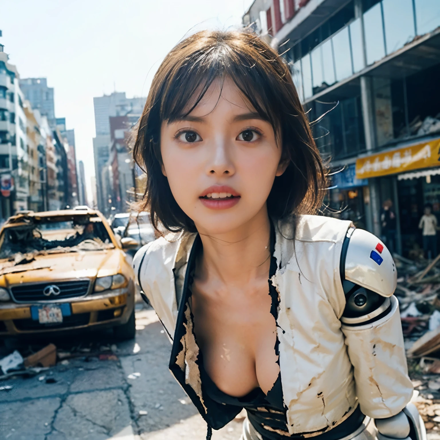 in a lively city、A young and beautiful girl has telekinesis.、(Fight against invader skeleton robots destroying the city、Fight:1.505)、(highest quality、Super detailed、real:1.37) The girl is、Has detailed eyes and face、Stand bravely with a determined look on your face.、Ready to unleash your extraordinary abilities、 Flowing hair and elegant outfits enhance her charming presence、 A robot made of metal and shiny materials towers over the cityscape.、Gives off an intimidating presence、(City streets filled with chaos and rubble:1.5、It depicts the aftermath of their devastating assault.)、 The girl&#39;s telekinesis、represented by the visible energy emanating from the handanipulate objects in the air、 Illuminated by the bright light of street lamps and neon signs、Creates a dynamic atmosphere、 The color palette is mainly dark and somber colors.、It emphasizes the contrast between the girl&#39;s vibrant energy and the robot&#39;s cold metal exterior.、 The overall composition exhibits a cinematic quality.、It depicts a young girl as the last line of defense in an epic battle of strength and resilience.、