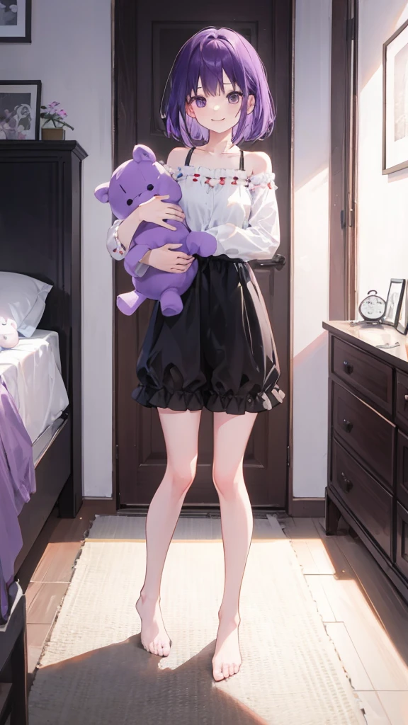 whole body,full body,Standing picture,standing position,Photographed from the front,from front,Girl holding stuffed animal,purple hair,one piece,Room wear,room wear,cute,smile