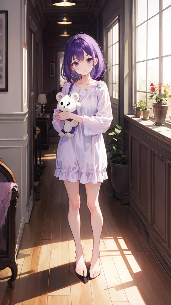 whole body,full body,Standing picture,standing position,Photographed from the front,from front,Girl holding stuffed animal,purple hair,one piece,Room wear,room wear,cute,smile