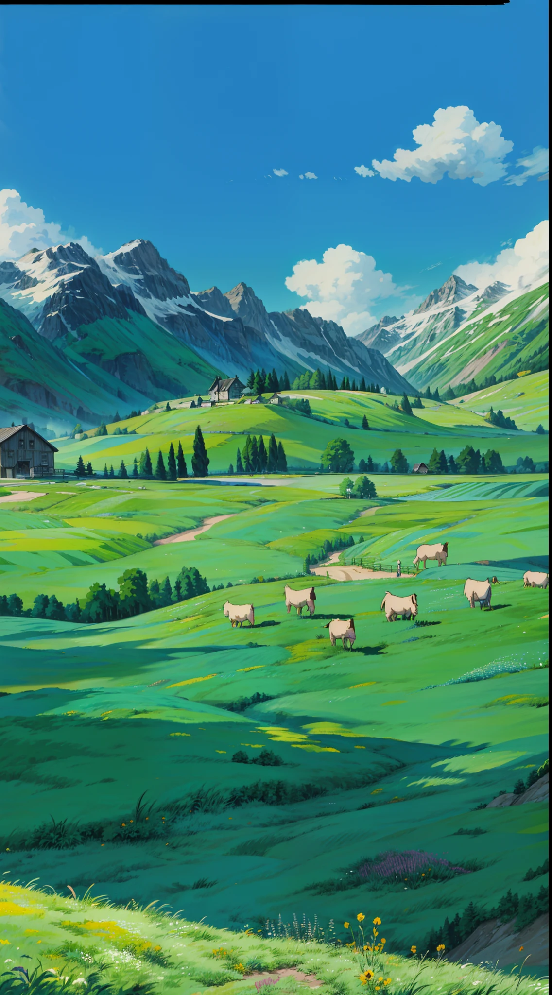 a painting of sheep in a field with mountains in the background, anime countryside landscape, studio ghibli environment, studio ghibli landscape, studio ghibli smooth concept art, studio ghibli painting, studio ghibli painterly style, meadow background, farm background, background of flowery hill, miyazaki style, farm field background, anime landscape, studio ghibli concept art, 4k hd,, beautiful art uhd 4 k, a beautiful artwork illustration, beautiful digital painting, highly detailed digital painting, beautiful digital artwork, detailed painting 4 k, very detailed digital painting, rich picturesque colors, gorgeous digital painting