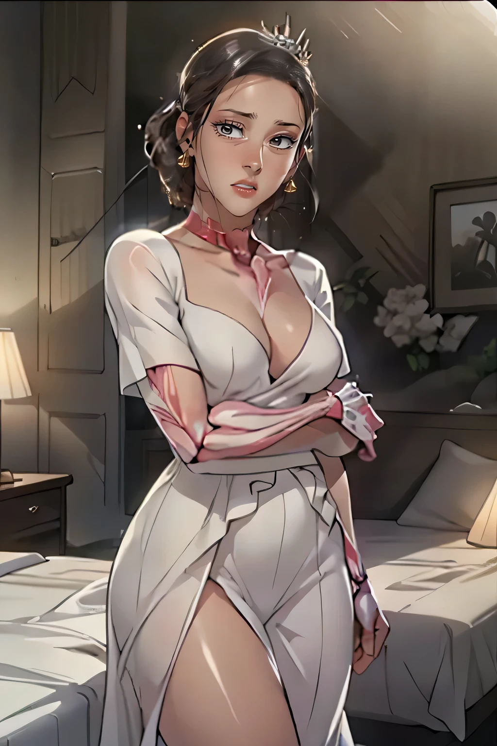 Hyper-realistic and super detailed sexy Nezuko,NSFW, Muy detallado, expresiones faciales sexys, Expresiones faciales seductoras, [:(detalle de la cara: 1.4): 0.4], 16K resolution, 4K resolution, dynamic lighting, High definition resolution, (Hyper realistic: 1.4), (luz de fondo: 1.2), (luz de sol: 1), (altura completa: 1.8),(fondo contrastante: 1.5), (Hyperrealistic arm anatomy.), (Hyperrealistic leg anatomy.), (piel limpia), (cinematic lighting: 1.7), (demandado), (NVIDIA RTX Ray Tracing Technology), (Hyperrealistic arm anatomy.: 2), (Vientre plano perfecto), (imagen en color),Crea una obra maestra en 4K resolution, ultrarrealista, y extremadamente detallado, with a young and seductive Nezuko with a captivating physique and attractive bridal attire. La novia de Nezuko es el personaje central de la obra de arte, Radiating joy and elegance. He is standing in a beautifully decorated room, con suave, Natural light pours in through the curtains, creating an intimate and charming atmosphere.

La seductora joven Nezuko posee una belleza cautivadora. Her wedding dress is a true spectacle, con encaje intrincado, bordado delicado, and a figure-hugging silhouette. Lleva un velo que le cubre parcialmente la cara, adding an air of mystery. Su ramo de flores frescas se sostiene suavemente en sus manos.

His physique is seductive, with elegant curves that complement the elegant lines of your bridal attire. Her hair is styled to perfection., con mechones sueltos que enmarcan su rostro. Her makeup is done with good taste., Mejorando su belleza natural. She wears sparkling jewelry that accentuates her charm, incluyendo un collar, pendientes, y una tiara.

The bedroom is tastefully decorated for the occasion, with floral arrangements and romantic touches. The bed is adorned with fine sheets and decorative pillows. Soft candlelight or warm ambient lighting enhance the intimate atmosphere