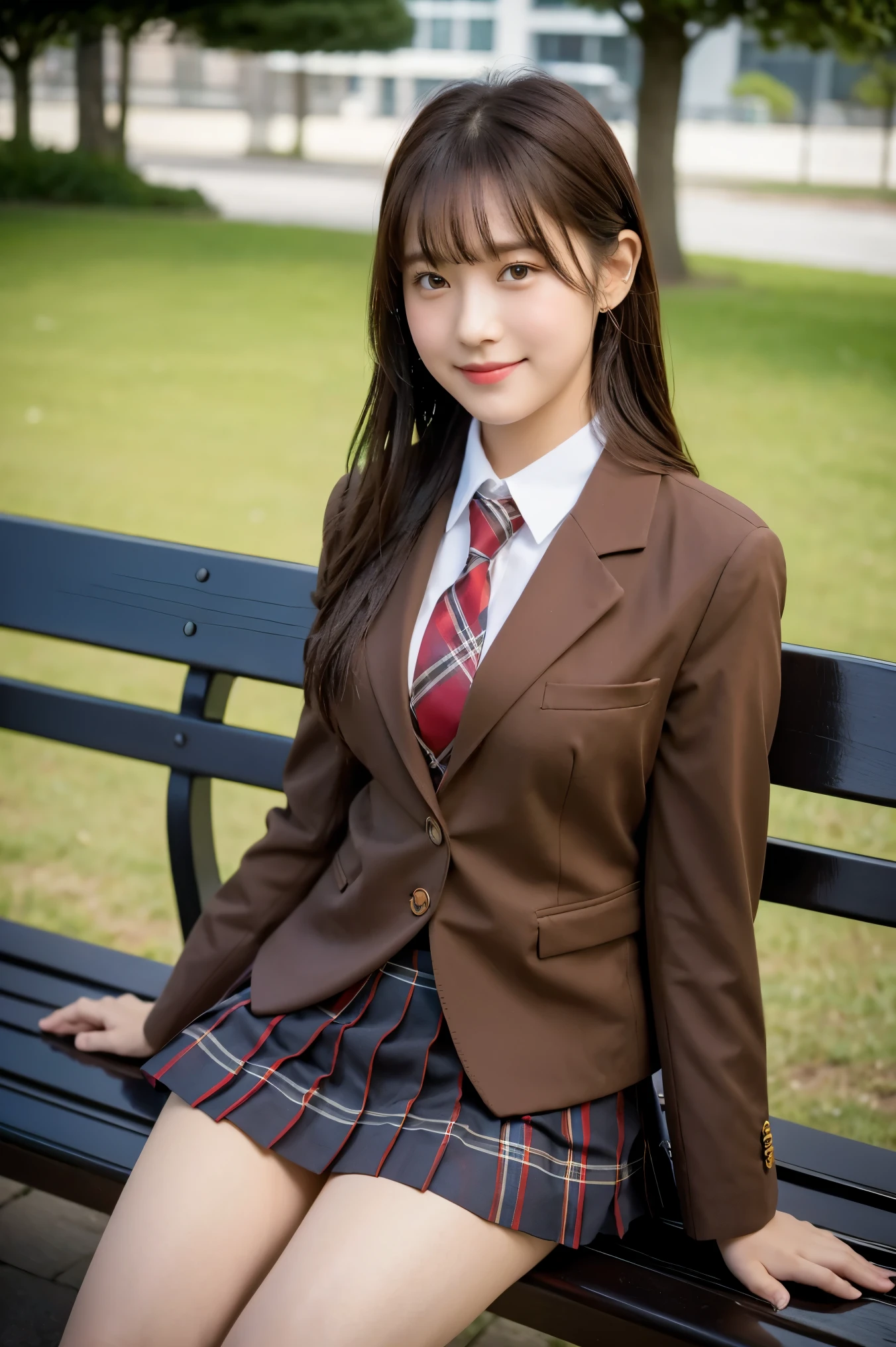 (8K), (highest quality: 1.2), (realistic), (realistic: 1.37), ultra high resolution, 1 girl, cute, smile, closed mouth, beautiful details, beautiful nose, wet hair, giant dulcefo, pork, thighs,self snap,University Student Uniform,sunny day,I can see the sea in the distance,sit on a bench in the park,face down,From above,(Simple light brown blazer 1),(dark brown pleated skirt),dark red bow tie,(The pattern of the skirt and tie is a tartan check pattern...:1.3),thighs,knee high tights,thighsにクローズアップ