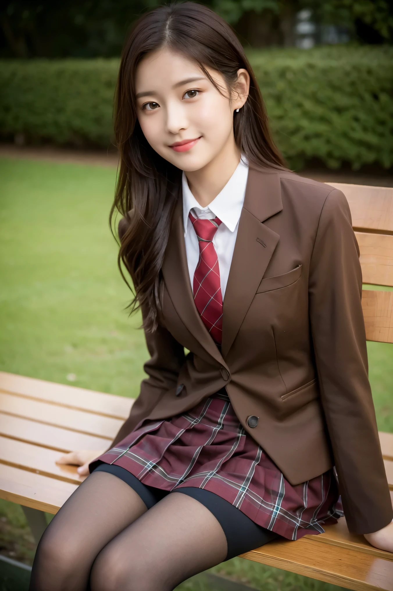 (8K), (highest quality: 1.2), (realistic), (realistic: 1.37), ultra high resolution, 1 girl, cute, smile, closed mouth, beautiful details, beautiful nose, wet hair, giant dulcefo, pork, thighs,self snap,University Student Uniform,sunny day,I can see the sea in the distance,sit on a bench in the park,face down,From above,(Simple light brown blazer 1),(dark brown pleated skirt),dark red bow tie,(The pattern of the skirt and tie is a tartan check pattern...:1.3),thighs,knee high tights,thighsにクローズアップ
