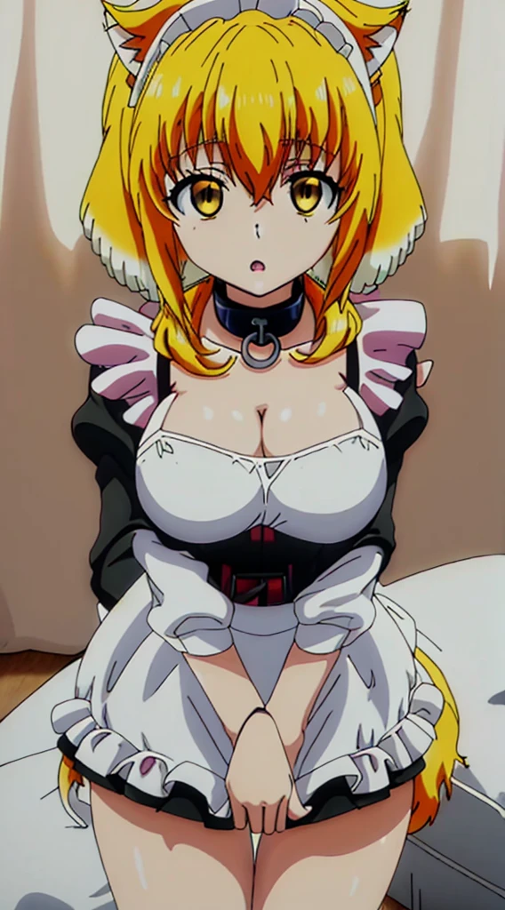 best quality, high_resolution, distinct_image,1 cat girl with cat ears,covered big breast, short yellow hair, yellow eye, maid dress