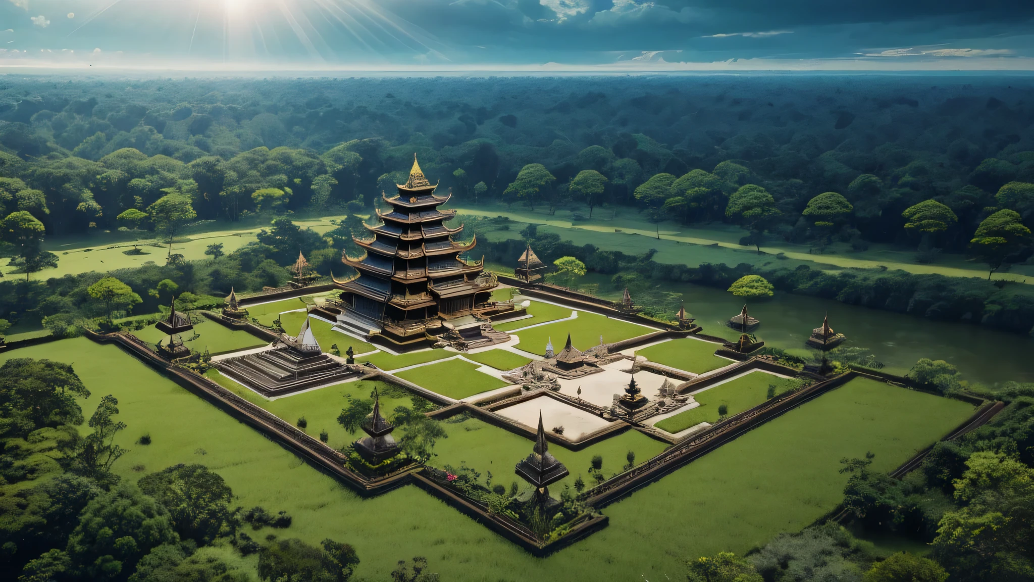 fantasy art, ancient Indonesian Hindu royal palace, surrounded by ancient warriors, gothic, dark, mysterious, afternoon sun, surrounded by tropical forests, top view, realistic
