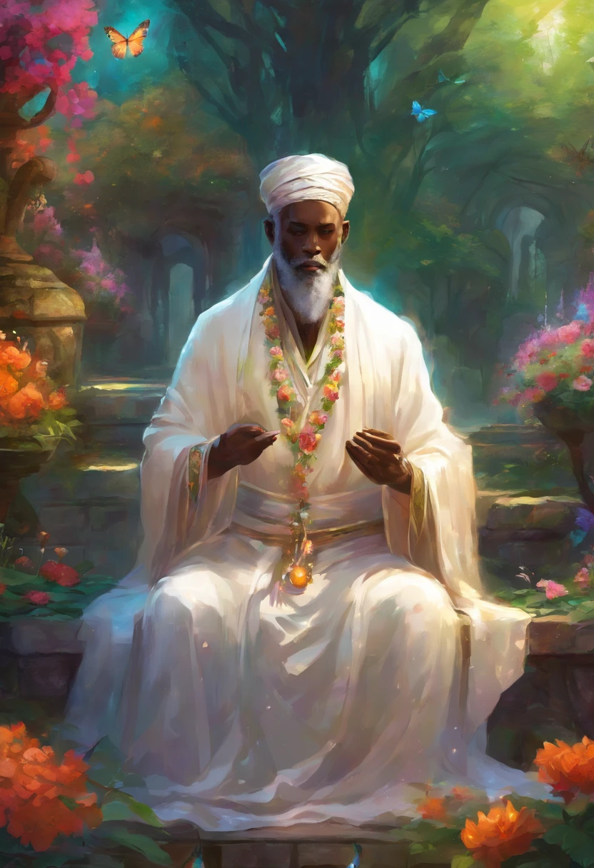 Black elder, dressed in a white robe, in a beautiful colorful garden meditating