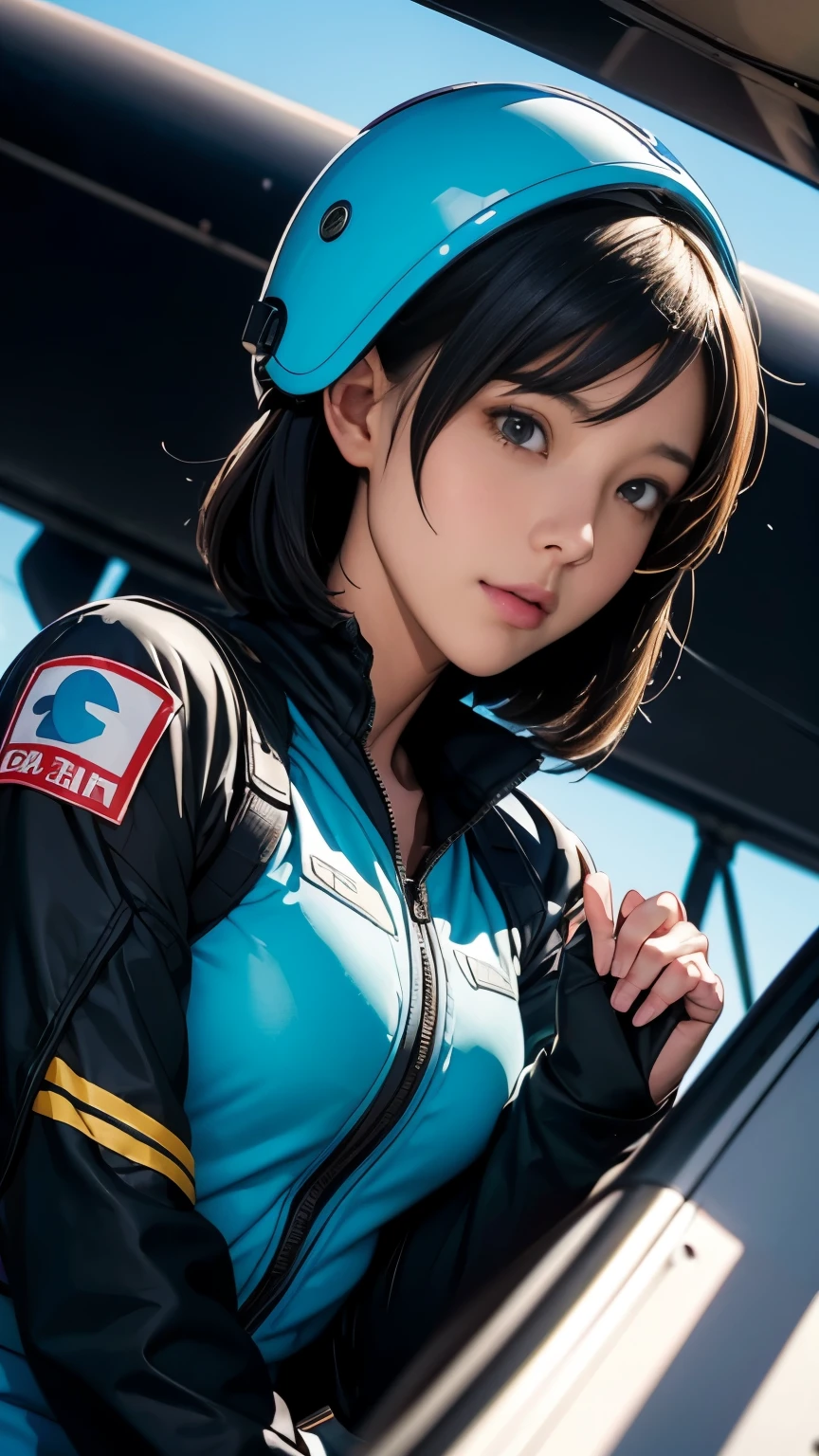 1 girl、A female fighter pilot is looking at me、short black hair、Idol-level cuteness、Although she has a slim figure, her breasts are huge、Fitted Colorful Pattern Women&#39;s Fighter Pilot Suit、Military airfields、In front of a propeller fighter、anatomically correct、precise fingers、Precise work of forest masters、photo reality、