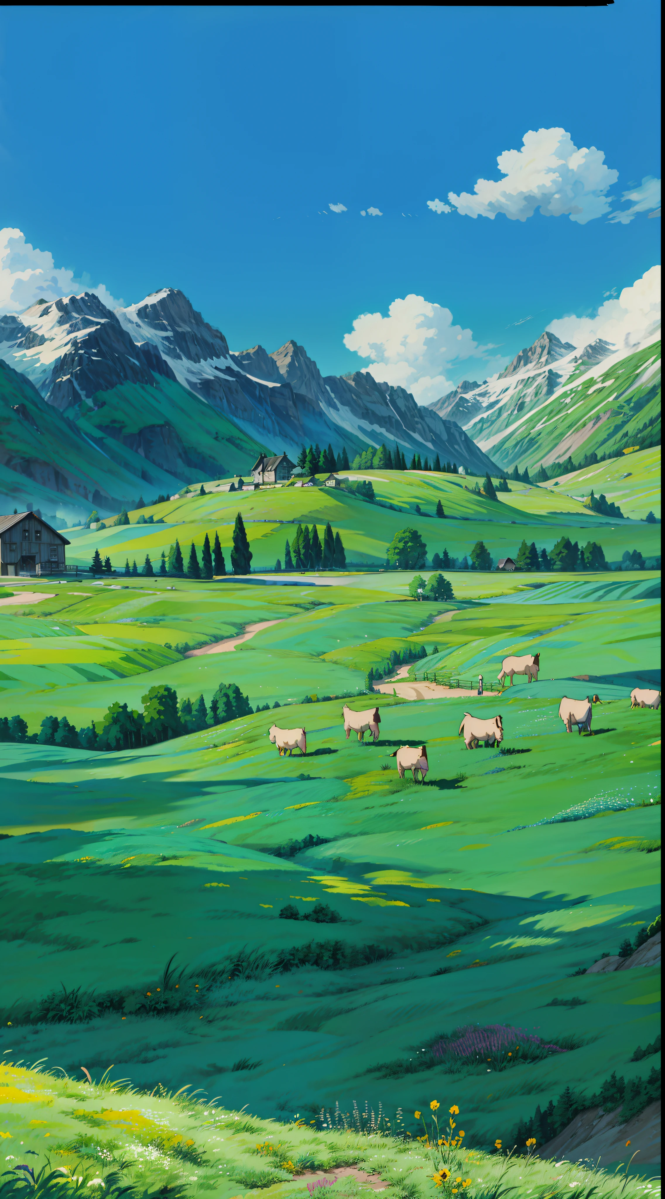 a painting of sheep in a field with mountains in the background, anime countryside landscape, studio ghibli environment, studio ghibli landscape, studio ghibli smooth concept art, studio ghibli painting, studio ghibli painterly style, meadow background, farm background, background of flowery hill, miyazaki style, farm field background, anime landscape, studio ghibli concept art, 4k hd,, beautiful art uhd 4 k, a beautiful artwork illustration, beautiful digital painting, highly detailed digital painting, beautiful digital artwork, detailed painting 4 k, very detailed digital painting, rich picturesque colors, gorgeous digital painting