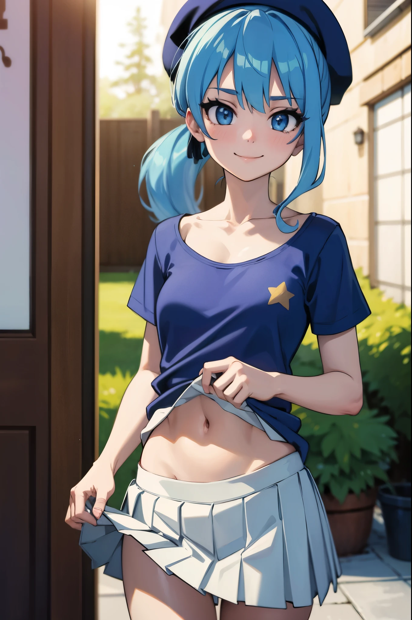 masterpiece, best quality, ultra-detailed, illustration, colorful, flat color, depth of field, lens flare, 1girl, suisei hoshimachi, (blue hair), blue eyes, side ponytail, anime, (closeup), detailed skin texture, beautiful detailed face, white shirt, (shirt lift:1.3), (topless) (pleated skirt), (beret), (pasties, star pasties), seductive smile, alluring attire, collarbone, (small breasts, flat chest), teen, slender