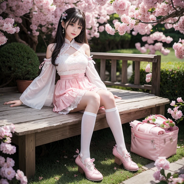 best quality, masterpiece, lifelike, 1 girl, alone, eternal, black hair, Long curly hair, blunt bangs, Smile, pink skirt, pink ta dress, layered skirt, Lolityle long skirt,分層連衣裙 lace-trimmed 裙子, decorate, lace, long sleeve, puff sleeves, wide sleeves, Transparent sleeves, hair accessories, 在flower园里, flower, Detailed background, delicate face,pink blush,white及膝襪, Pink shoes,cold,Lots of lace,((masterpiece))、(top quality)、8K、high detail、super detailed、 21 years old female,穿着pink lolita d((dreamy atmosphere:1.1))、Seductive and whimsical style、masterpiece、born、Scenes resembling fairy tale illustrations、intricate details展示了洛丽塔礼服的荷叶边和复杂的设计、capricious、 beautifully、Dream aesthetics、「𝓡𝓸𝓶𝓪𝓷𝓽𝓲𝓬、ethereal、charming、fickle、magic」、realism、Visual effect、FXAA、SSAO、shader、voiceless、ambient lighting、Tone mapping、High resolution、ultra high definition、megapixel、(8K resolution:1.10)、8K、8K resolution、high detail、intricate details、 (high quality:1.2、masterpiece:1.2、:1.21)、(21 years old female:1.21)、(興奮地Smile)、(Surrounded by the dreamy atmosphere of an amusement par色洛丽塔连衣裙、Her eyes were full of surprise and joy、I took a lot of geek photos、High heel、Model diagram,full-body shot,Knee-high white的 lace socks,Sweet Lolita,Normafeet,Pink shoes,Baotou shoes,full-body shot,不要exposed你的手指,Emphasize the volume of the skirt,exposed,huge breasts,white,The skirt flew up,spread your legs,low cut,exposed,hair accessories,big skirt dress,If you shoot at an angle you can see my panties,standing,The skirt floats up
