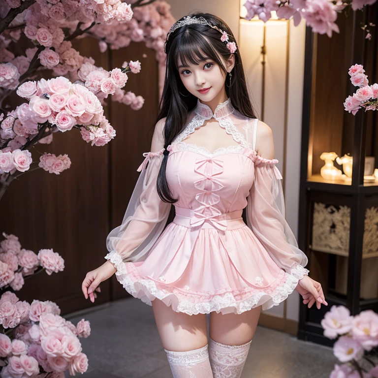 best quality, masterpiece, lifelike, 1 girl, alone, eternal, black hair, Long curly hair, blunt bangs, Smile, pink skirt, pink lolita dress, layered skirt, Lolita style long skirt,分層連衣裙 lace-trimmed 裙子, decorate, lace, long sleeve, puff sleeves, wide sleeves, Transparent sleeves, hair accessories, 在flower园里, flower, Detailed background,  delicate face，pink blush，white及膝襪, Pink shoes，cold，Lots of lace，((​masterpiece))、(top quality)、8K、high detail、super detailed、 21 years old female，穿着pink lolita dress((dreamy atmosphere:1.1))、Seductive and whimsical style、​masterpiece、born、Scenes resembling fairy tale illustrations、intricate details展示了洛丽塔礼服的荷叶边和复杂的设计、capricious、 beautifully、Dream aesthetics、「𝓡𝓸𝓶𝓪𝓷𝓽𝓲𝓬、ethereal、charming、fickle、magic」、realism、Visual effect、FXAA、SSAO、shader、voiceless、ambient lighting、Tone mapping、High resolution、ultra high definition、megapixel、(8K resolution:1.10)、8K、8K resolution、high detail、intricate details、 (high quality:1.2、​masterpiece:1.2、:1.21)、(21 years old female:1.21)、(興奮地Smile)、(Surrounded by the dreamy atmosphere of an amusement par色洛丽塔连衣裙、Her eyes were full of surprise and joy、I took a lot of geek photos、High heel、Model diagram，full-body shot，Knee-high white的 lace socks,Sweet Lolita，Normal 2 feet，Pink shoes，Baotou shoes，full-body shot，不要exposed你的手指，Emphasize the volume of the skirt，exposed，huge breasts，white,The skirt flew up，spread your legs，low cut，exposed，hair accessories，big skirt dress，If you shoot at an angle you can see my panties，standing,The skirt floats up
