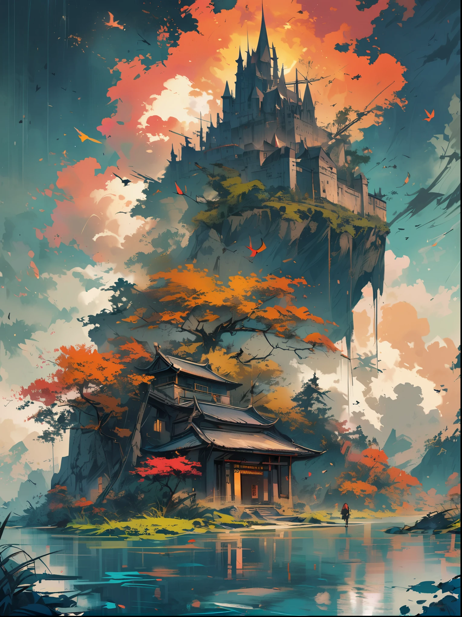 Chinese style，Creation explodes into a new era，modern organic, Genesis, Neo-realism, Moody darkness, Castle in the Sky, Front view, Neo-realism, 