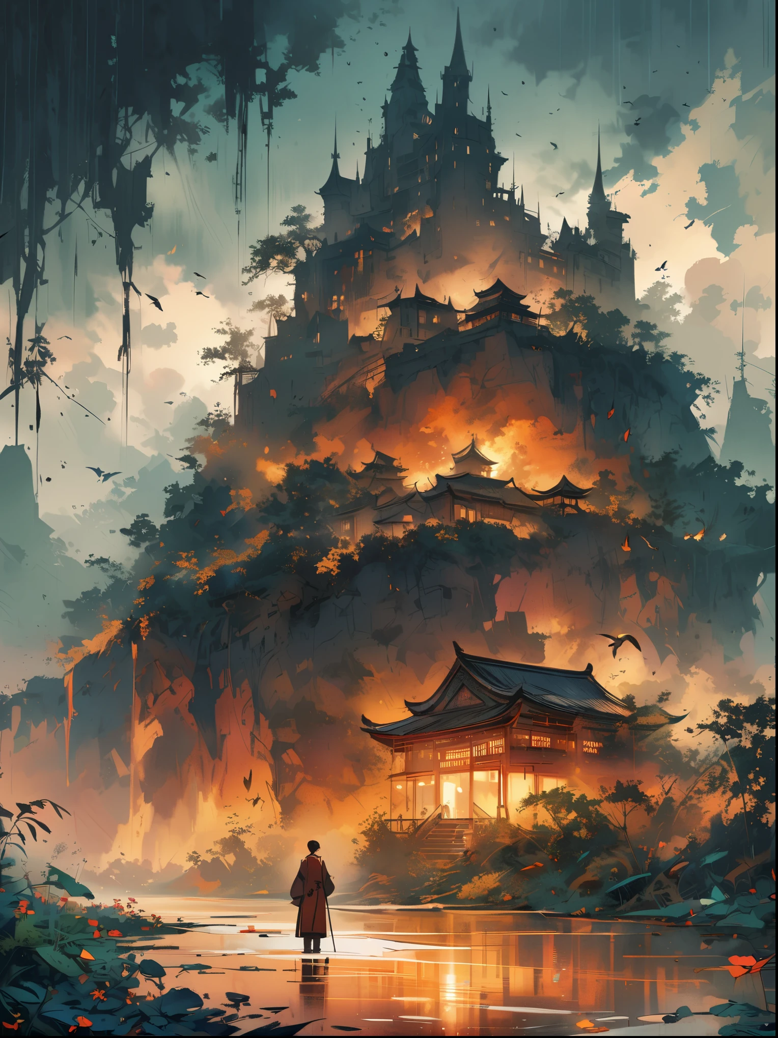 Chinese style,Creation explodes into a new era,modern organic, Genesis, Neo-realism, Moody darkness, Castle in the Sky, Front view, Neo-realism,