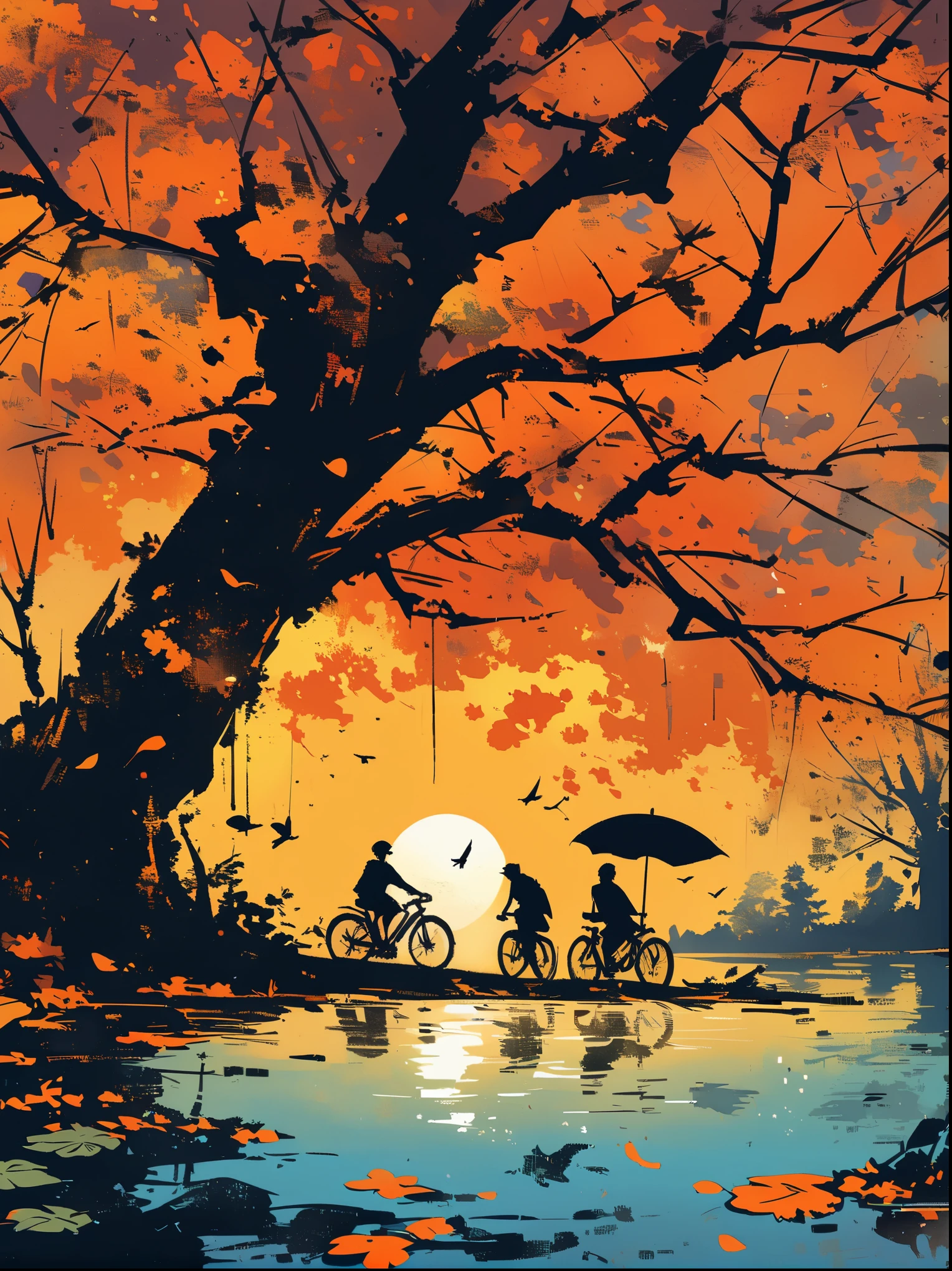 There is a tree with few leaves by the lake，There are two people riding bicycles，There is an empty stool under the branches。The reflection of the setting sun in the water，Reflected silhouettes of trees and silhouettes of cyclists，Shades of orange，ink style，HD