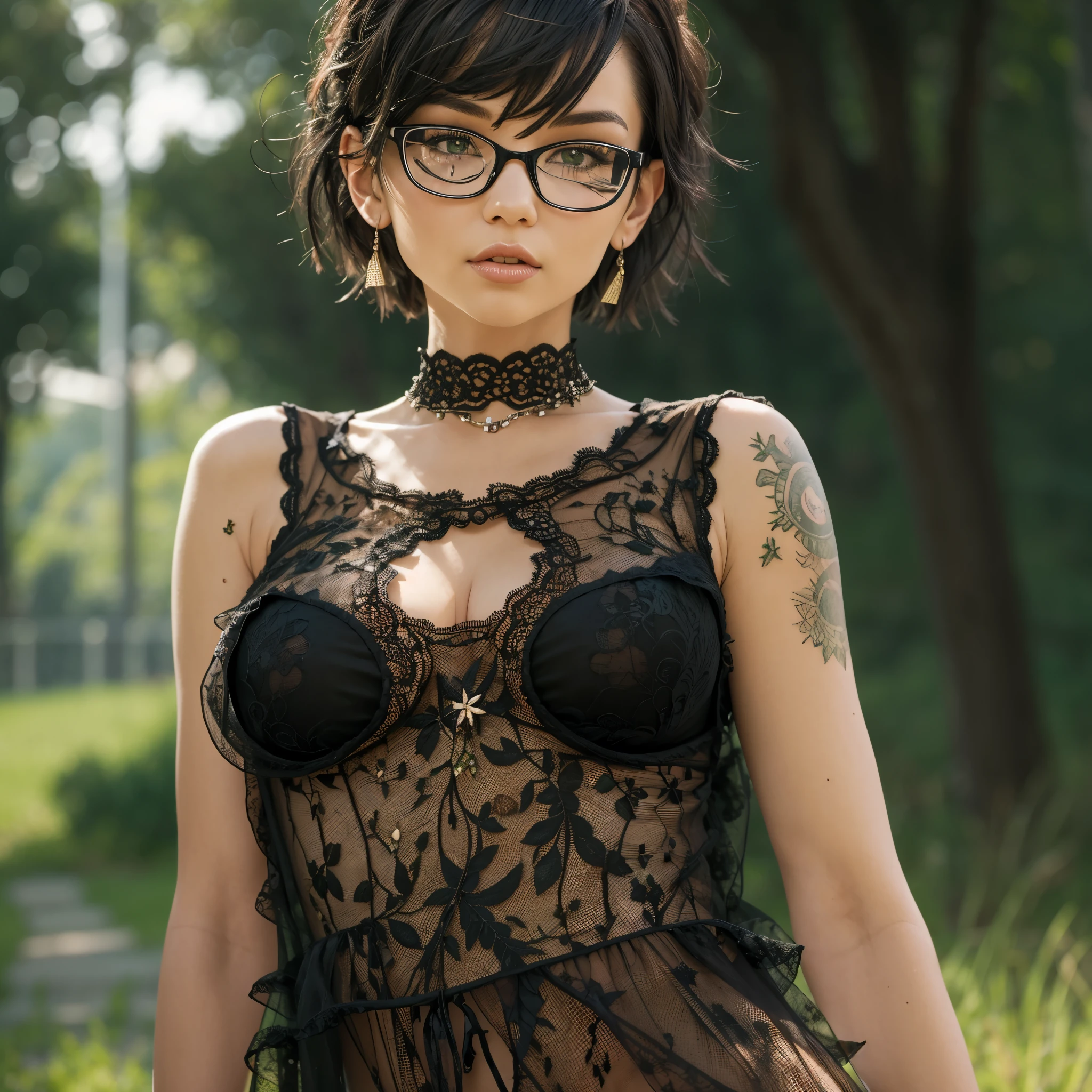 punk girl wearing glasses and a black lace dress, lingerie, see-through, sexy, blurred green grass and trees in the background, short brown hair, detailed face and upper body, high quality, high resolution