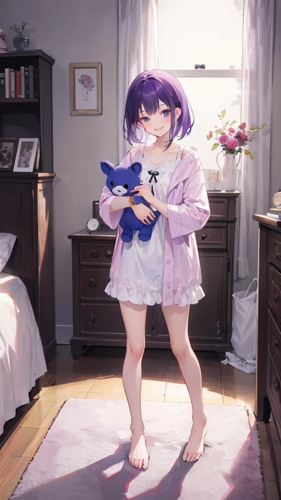 whole body,full body,Standing picture,standing position,Photographed from the front,from front,Girl holding stuffed animal,purple hair,one piece,Room wear,room wear,cute,smile