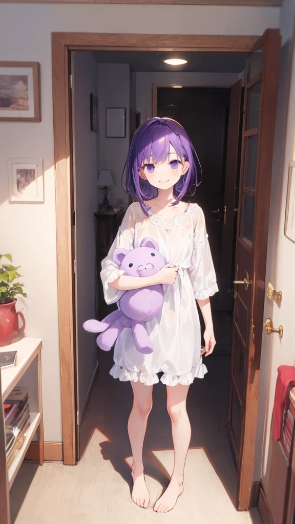 whole body,full body,Standing picture,standing position,Photographed from the front,from front,Girl holding stuffed animal,purple hair,one piece,Room wear,room wear,cute,smile