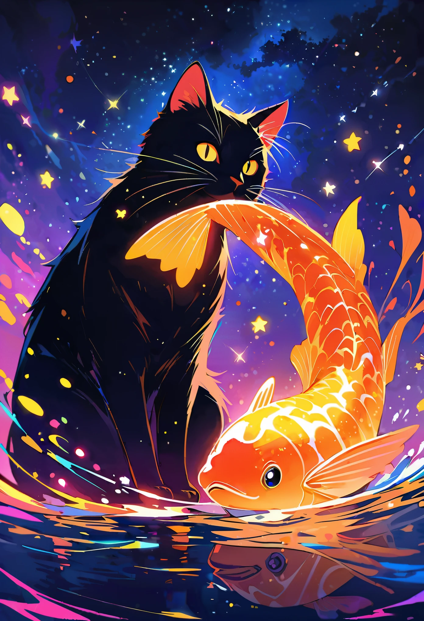 A black cat is sitting on the water, holding onto an elegant golden koi fish with glowing scales that glow in neon colors. The fish is flying above the cat. The background features a dark blue sky and stars, creating a dreamy atmosphere. This artwork was created using digital painting techniques to highlight intricate details of textures and lighting effects. It captures a magical moment when cats were interacting with the colorful glow from their happy pet goldfish under starry skies, in the style of magical realism.
