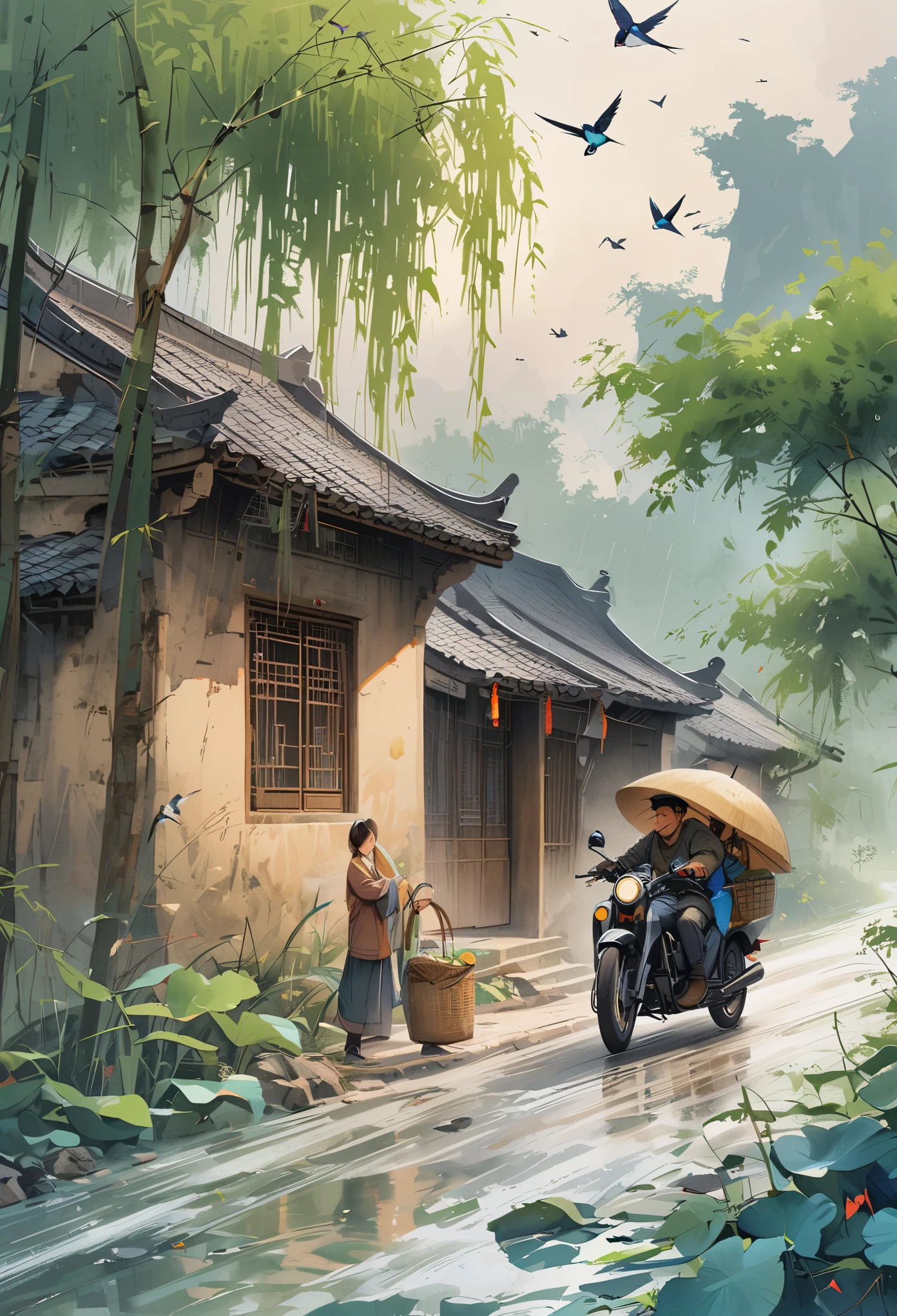 A man is driving a motorcycle with a woman on a country road. The woman is carrying a pair of baskets.，There are willow trees beside the road，bamboo，swallow，Gangnam atmosphere octane render, high detail,