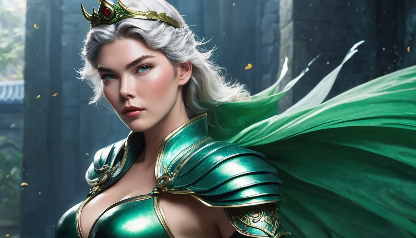 (Kelly McGillis, (22 anos), de corpo inteiro), de vestido Verde, usando uma coroa e segurando uma espada, um anjo majestoso de corpo inteiro, um lindo mago celestial, inspirado em Lan Ying, uma fada de corpo inteiro, Mu Yanling, a rainha do mar, the mysterious Valkyrie Atlantis, Hirase Jinyao, inspirado em Ju Lian, modelo IG |Artgerm, like a mysterious Valkyrie.
