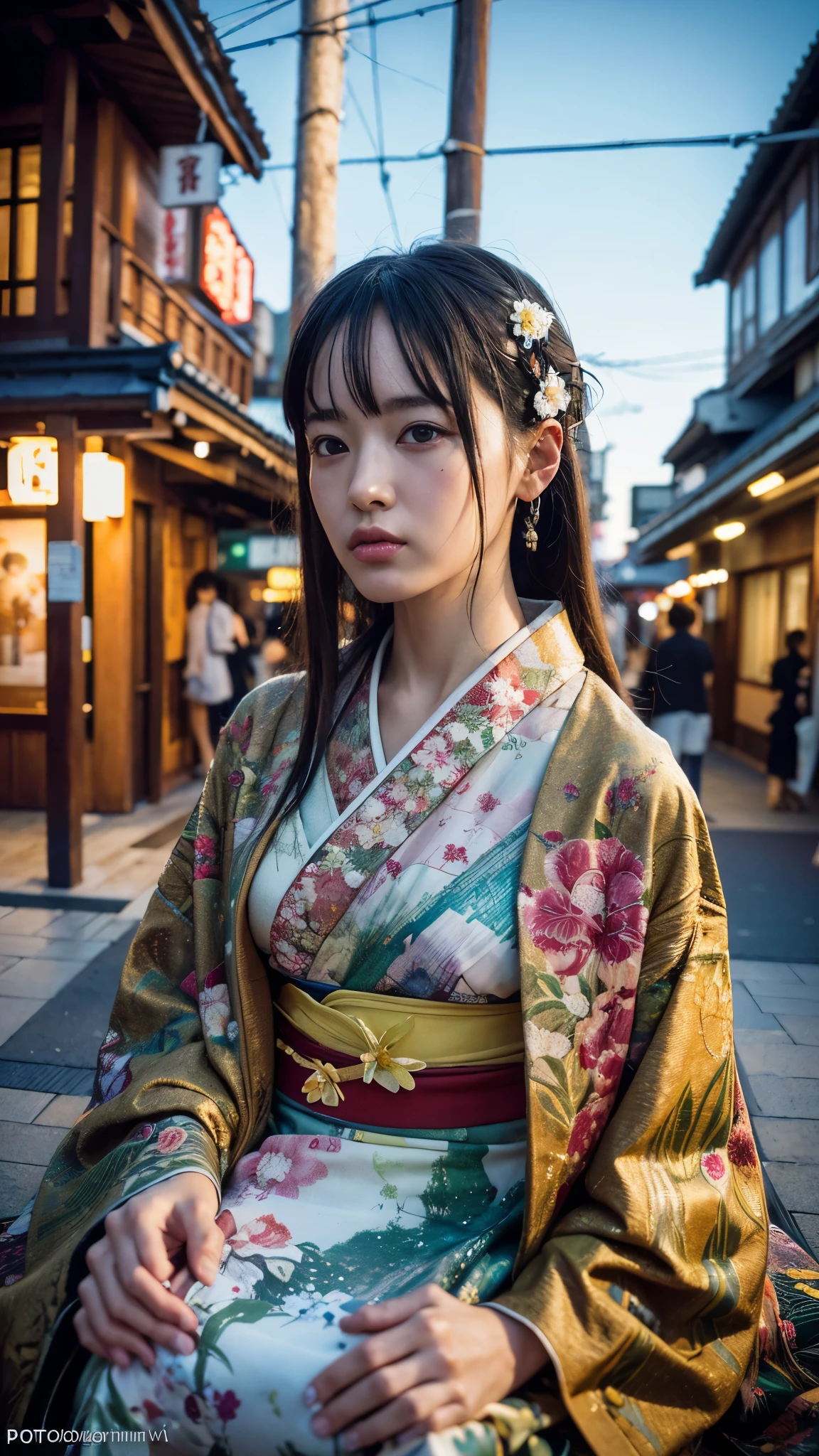 photography in the style of detailed hyperrealism,cinematic composition,sky,dof,perfectly focused, Peter Doig,Nan Goldin,fantasy, creature in a kimono sits in the middle of the street,Tokyo,close up, hyper detailed,intricate,poster,artstation, 